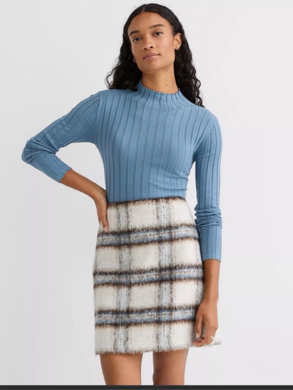 LOFT Heathered Ribbed Mock Neck Sweater, L, Dove Blue